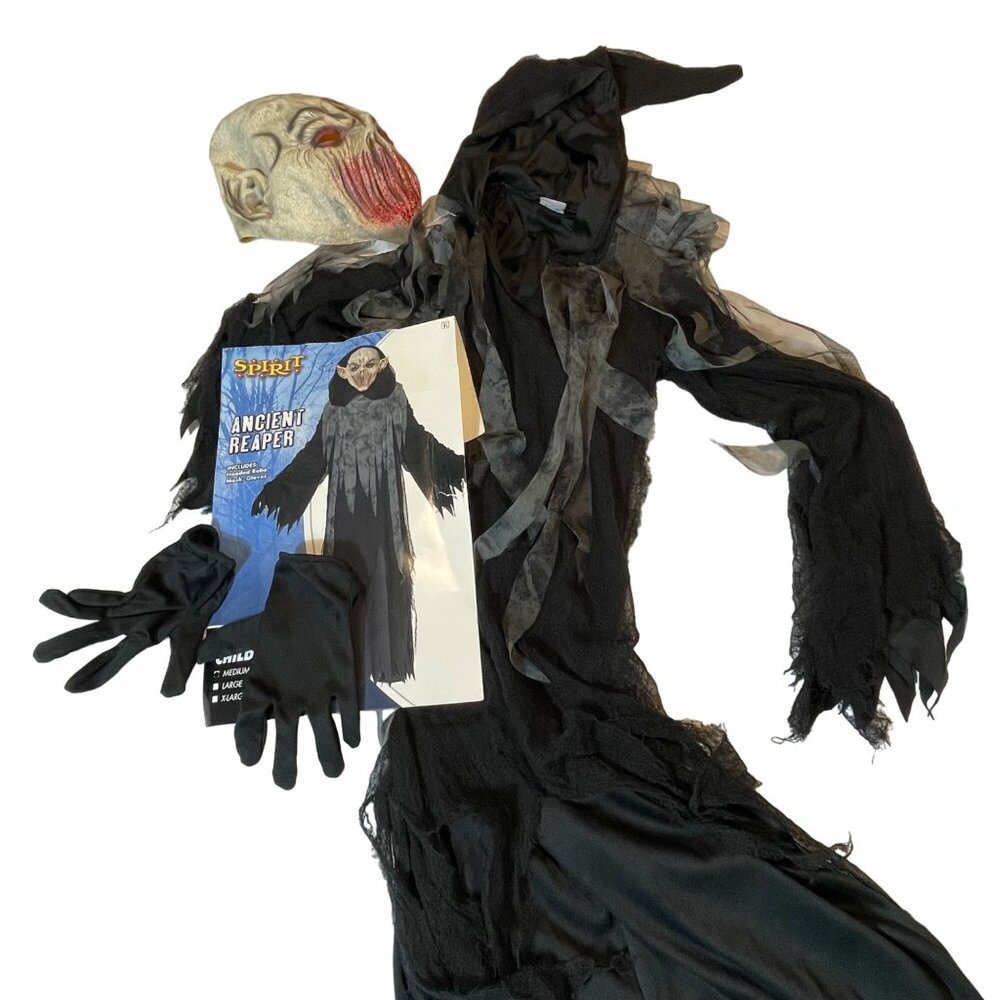 Spirit Halloween Ancient Reaper Costume Child M 8-10 Robe Mask Gloves Creepy Bla